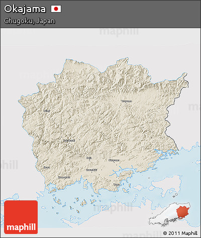 Shaded Relief 3D Map of Okajama, single color outside