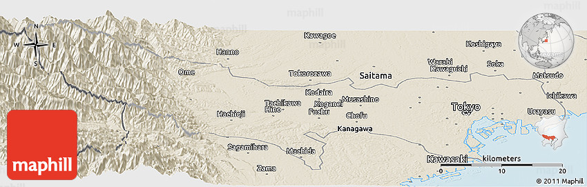 Shaded Relief Panoramic Map of Tokyo