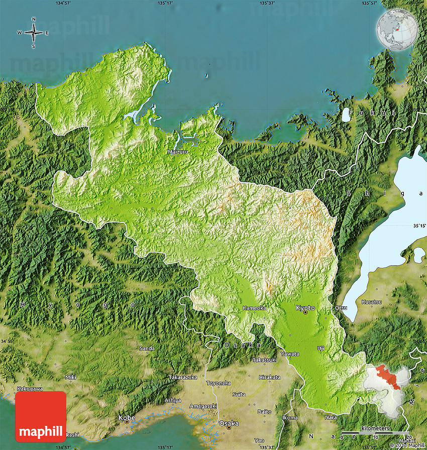 Physical Map of Kyoto, satellite outside