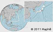 Blank Location Map of Japan, gray outside, hill shading outside