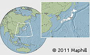 Blank Location Map of Japan, savanna style outside, hill shading outside