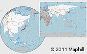 Gray Location Map of Japan, highlighted continent, within the entire continent, hill shading