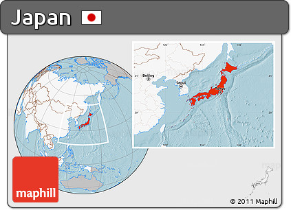 Gray Location Map of Japan, highlighted continent, hill shading