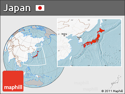 Gray Location Map of Japan, highlighted continent, hill shading