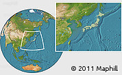 Savanna Style Location Map of Japan, satellite outside, hill shading