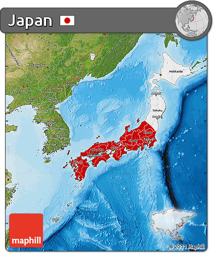Flag Map of Japan, satellite outside, bathymetry sea, flag rotated