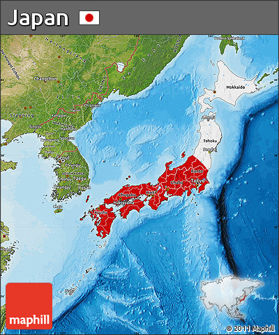 Flag Map of Japan, satellite outside, bathymetry sea, flag rotated