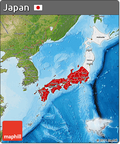 Flag Map of Japan, satellite outside, bathymetry sea, flag rotated