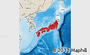 Flag Map of Japan, shaded relief outside, bathymetry sea, flag aligned to the middle
