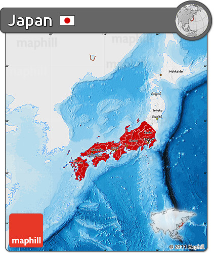 Flag Map of Japan, single color outside, bathymetry sea, shaded relief sea, flag rotated