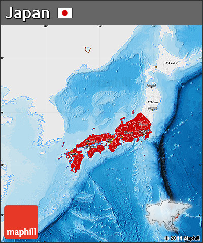 Flag Map of Japan, single color outside, bathymetry sea, shaded relief sea, flag rotated
