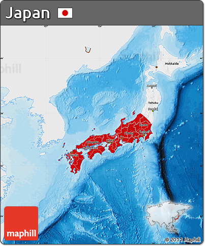 Flag Map of Japan, single color outside, bathymetry sea, shaded relief sea, flag rotated
