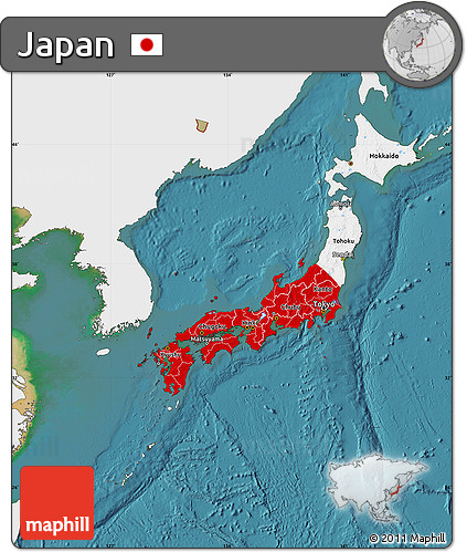 Flag Map of Japan, single color outside, satellite sea, flag rotated
