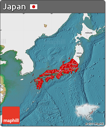 Flag Map of Japan, single color outside, satellite sea, flag rotated