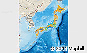 Political Map of Japan, shaded relief outside, bathymetry sea