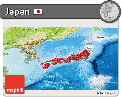 Flag Panoramic Map of Japan, physical outside, flag aligned to the middle