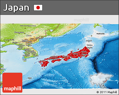 Flag Panoramic Map of Japan, physical outside, flag aligned to the middle