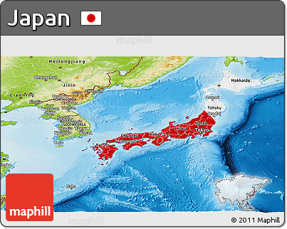 Flag Panoramic Map of Japan, physical outside, flag aligned to the middle