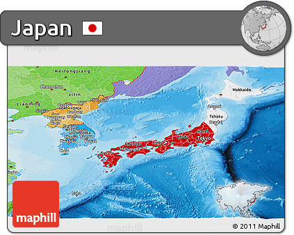 Flag Panoramic Map of Japan, political shades outside, flag centered