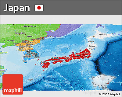Flag Panoramic Map of Japan, political shades outside, flag centered