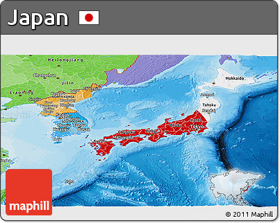 Flag Panoramic Map of Japan, political shades outside, flag centered