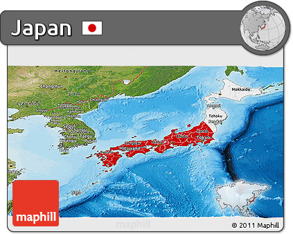 Flag Panoramic Map of Japan, satellite outside, bathymetry sea, flag centered