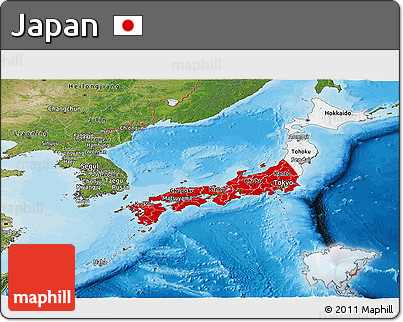 Flag Panoramic Map of Japan, satellite outside, bathymetry sea, flag centered