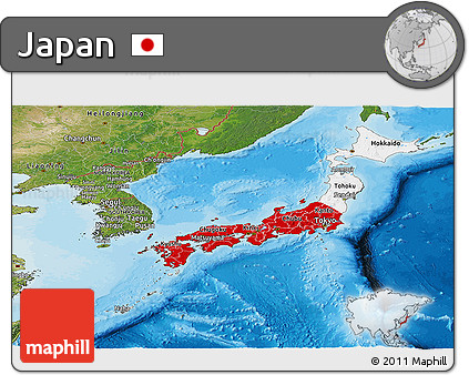 Flag Panoramic Map of Japan, satellite outside, bathymetry sea, flag rotated