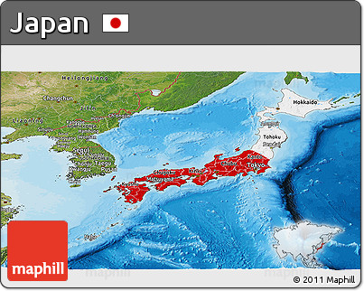 Flag Panoramic Map of Japan, satellite outside, bathymetry sea, flag rotated