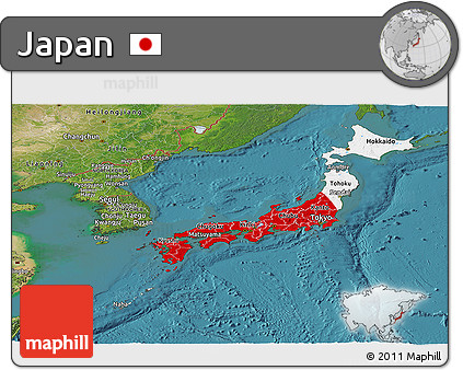 Flag Panoramic Map of Japan, satellite outside, flag centered