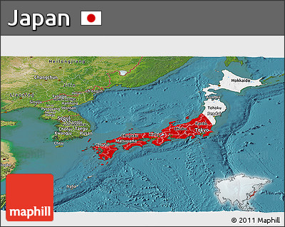 Flag Panoramic Map of Japan, satellite outside, flag centered