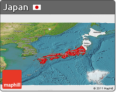Flag Panoramic Map of Japan, satellite outside, flag centered