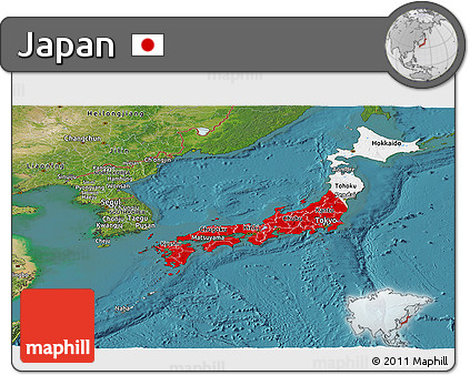 Flag Panoramic Map of Japan, satellite outside, flag aligned to the middle