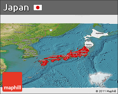 Flag Panoramic Map of Japan, satellite outside, flag aligned to the middle