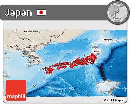Flag Panoramic Map of Japan, shaded relief outside, bathymetry sea, flag aligned to the middle