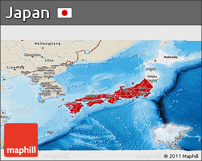 Flag Panoramic Map of Japan, shaded relief outside, bathymetry sea, flag aligned to the middle