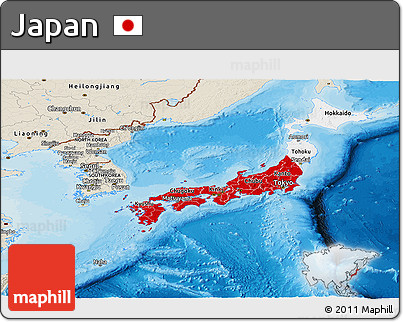 Flag Panoramic Map of Japan, shaded relief outside, bathymetry sea, flag aligned to the middle