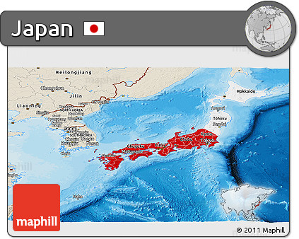 Flag Panoramic Map of Japan, shaded relief outside, bathymetry sea, flag rotated