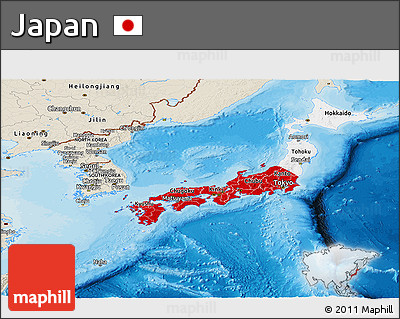 Flag Panoramic Map of Japan, shaded relief outside, bathymetry sea, flag rotated