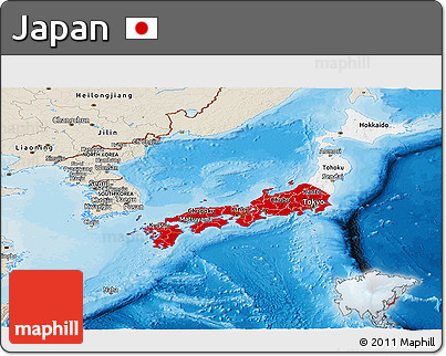 Flag Panoramic Map of Japan, shaded relief outside, bathymetry sea, flag rotated