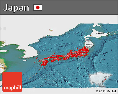 Flag Panoramic Map of Japan, single color outside, satellite sea, flag aligned to the middle