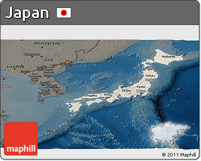Shaded Relief Panoramic Map of Japan, darken
