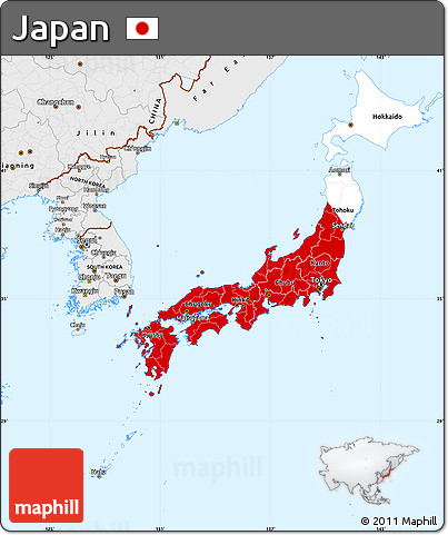 Flag Simple Map of Japan, single color outside, borders and labels, flag centered