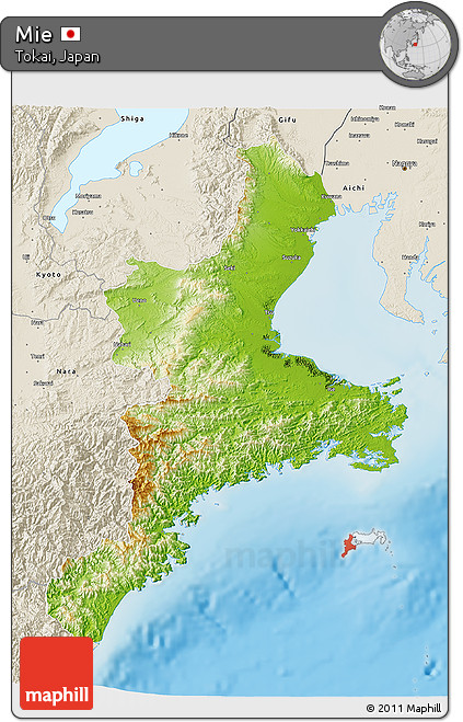 Physical 3D Map of Mie, shaded relief outside