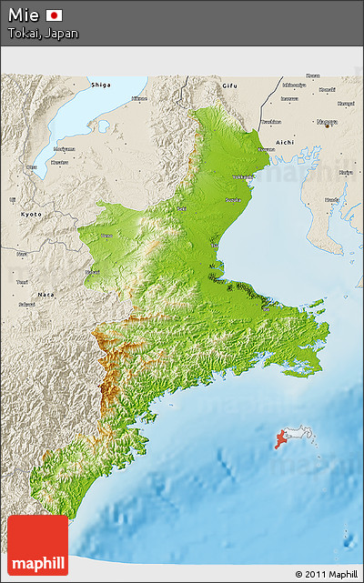 Physical 3D Map of Mie, shaded relief outside