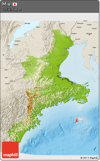 Physical 3D Map of Mie, shaded relief outside
