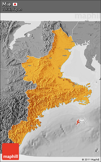 Political 3D Map of Mie, desaturated