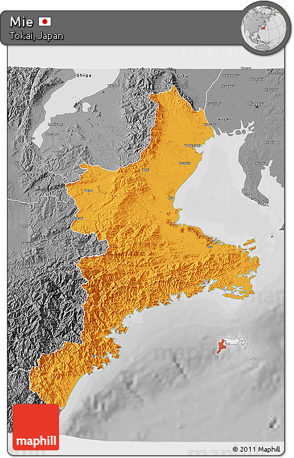 Political 3D Map of Mie, desaturated
