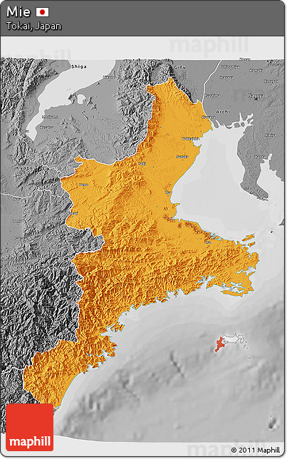 Political 3D Map of Mie, desaturated