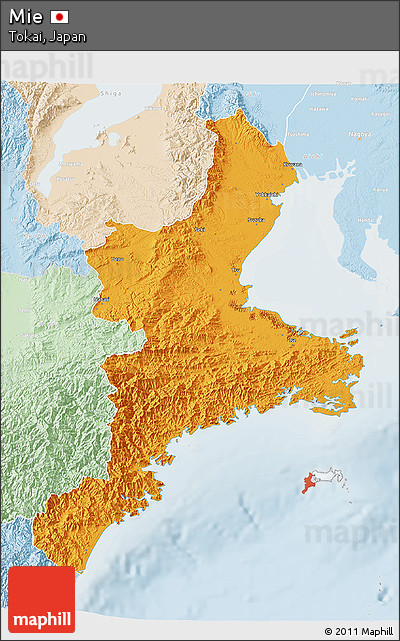 Political 3D Map of Mie, lighten